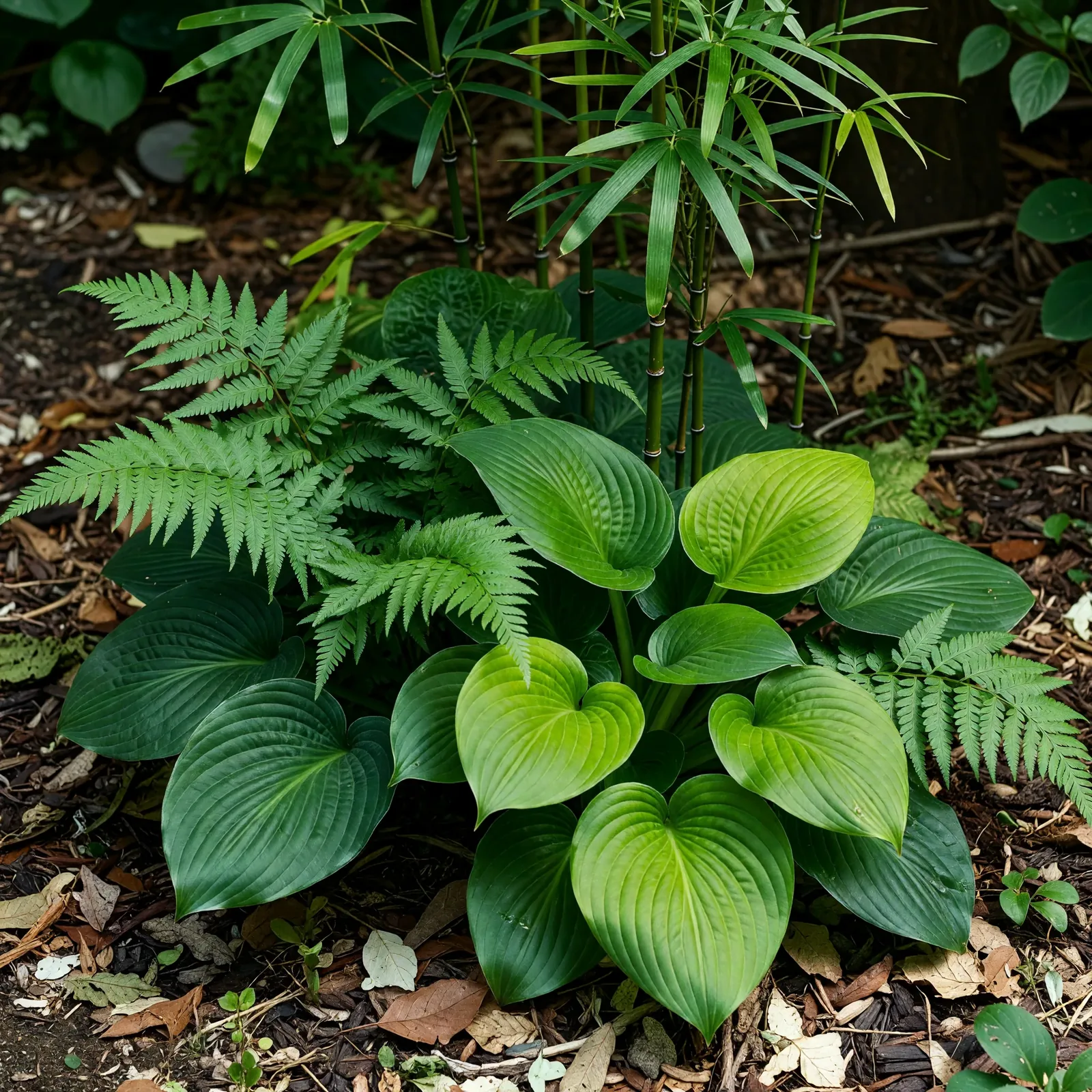 ホスタとシダの植栽 自然な庭の緑