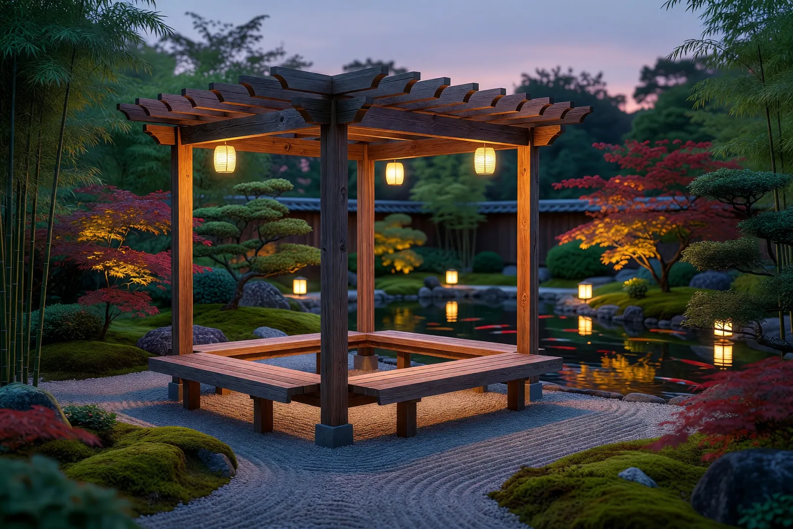 夕景のパーゴラ 屋外シーティングエリア