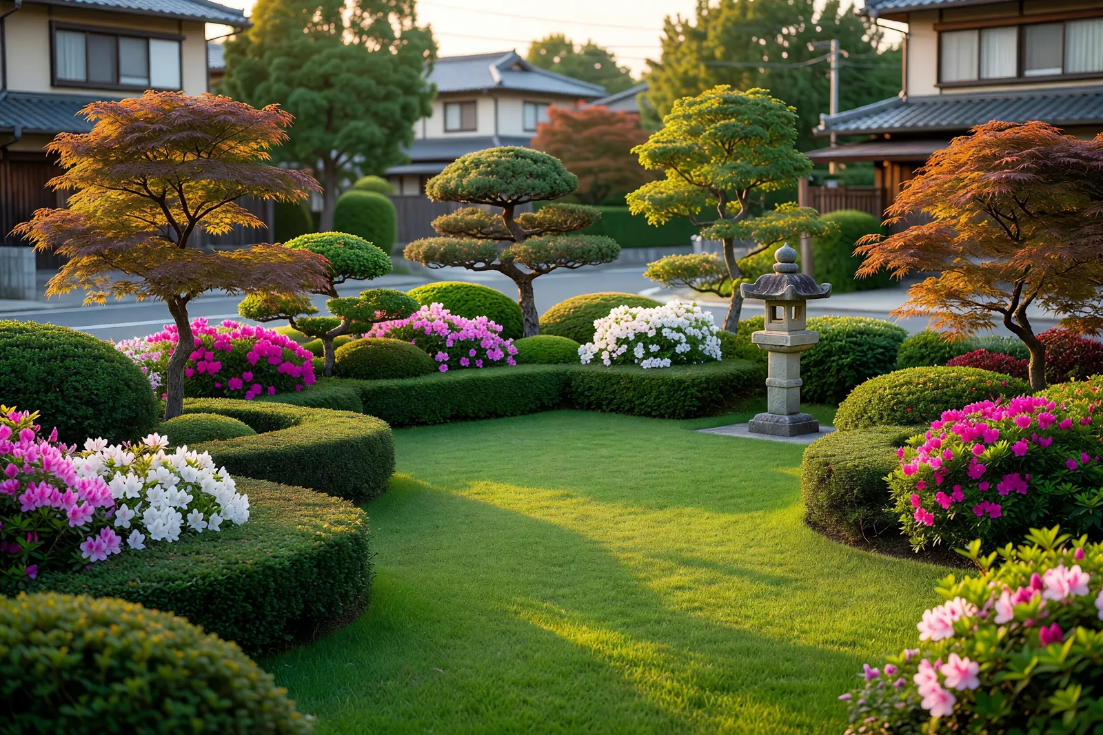 きれいに整備された芝生とツツジの庭